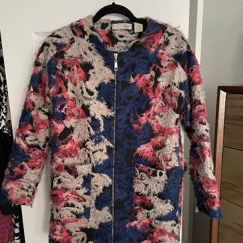 Kersh, fuzzy artsy coat, navy blue & pink, small/medium